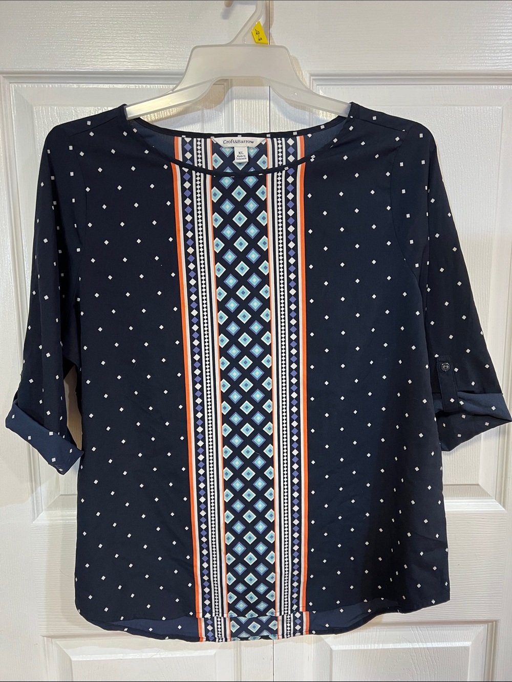 croft & barrow Navy and White Dot Blouse with Center Geo Panel